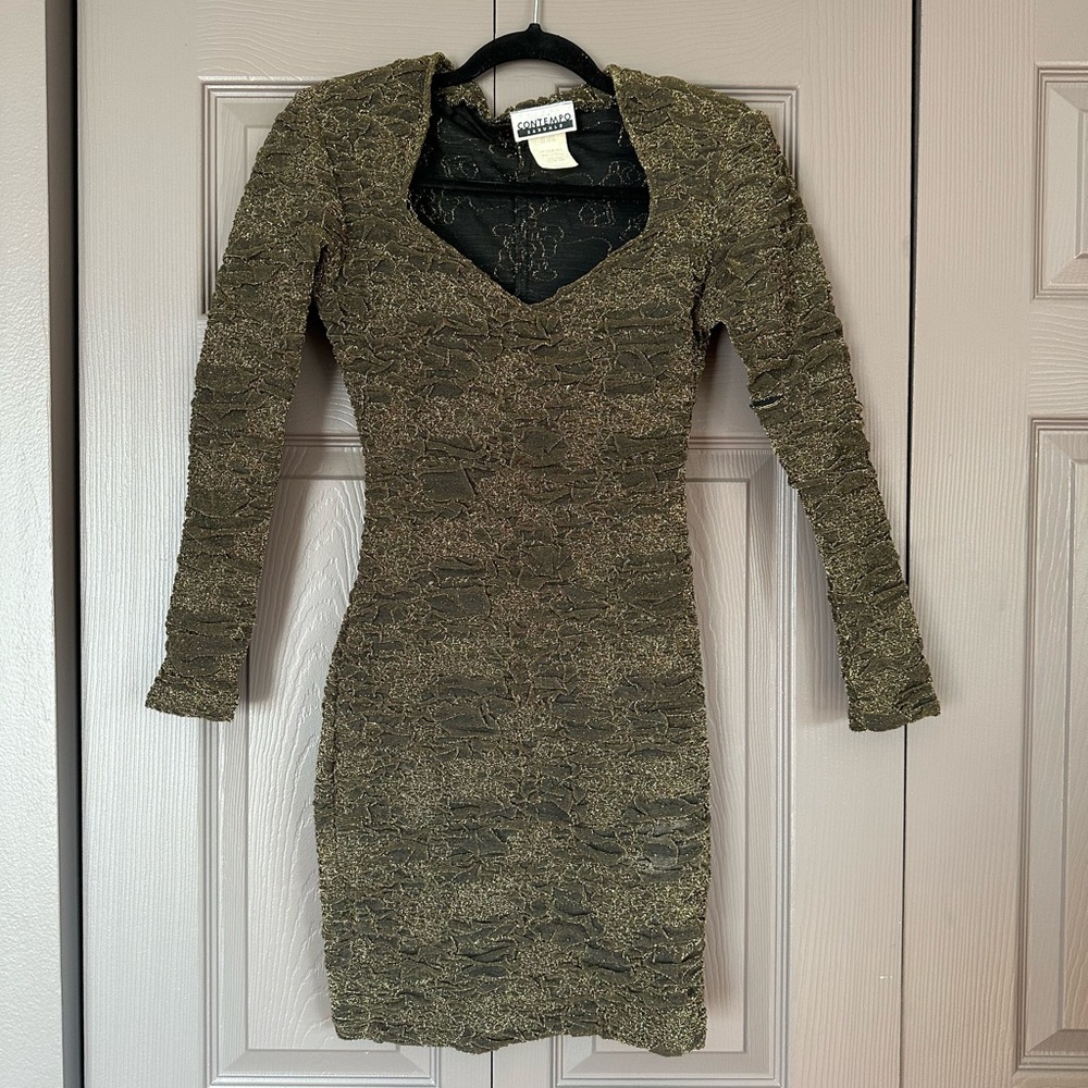 Vintage 80s/90s contempo casuals black and gold bodycon longsleeve dress